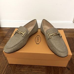 Tod’s Double T Glittered Leather Loafers (Like New)
